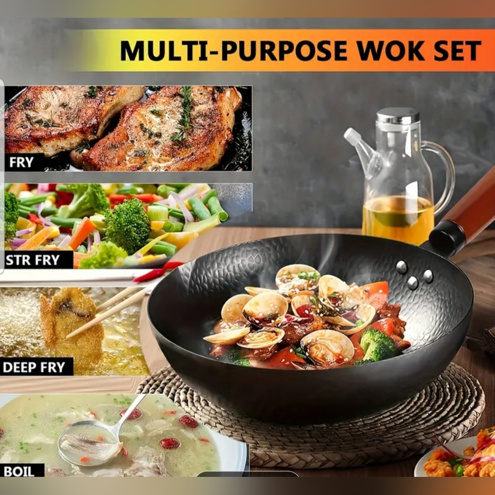 Wooden Handle Black Wok - No Lid Or Drain Rack